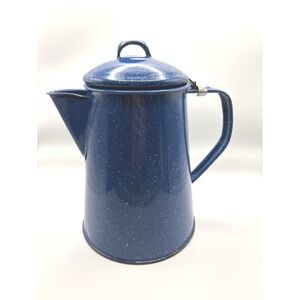 Coffee Pot Kettle Percolater Cobalt Blue & White Speckled Enamelware Lid Camping
